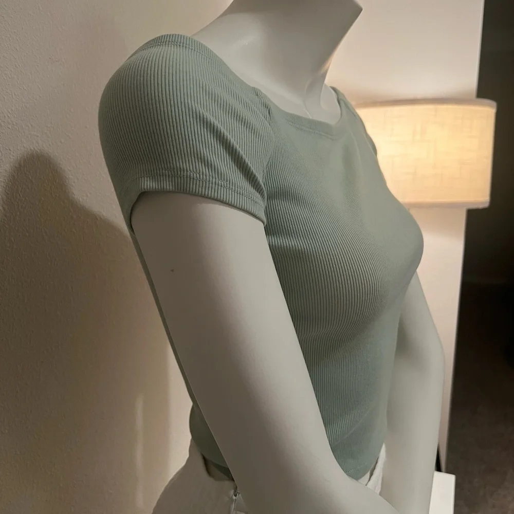 Mint Green Ribbed Off-Shoulder Top - Picture 2 of 5